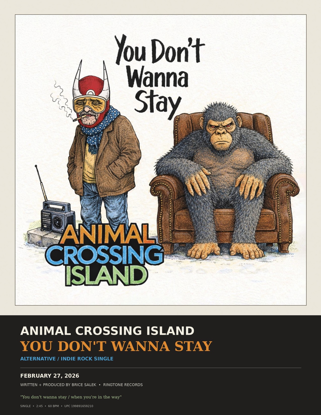 Official You Don’t Wanna Stay one-sheet with Animal Crossing Island artwork, the February 27, 2026 release date, Alternative / Indie Rock genre and Brice Salek credits.