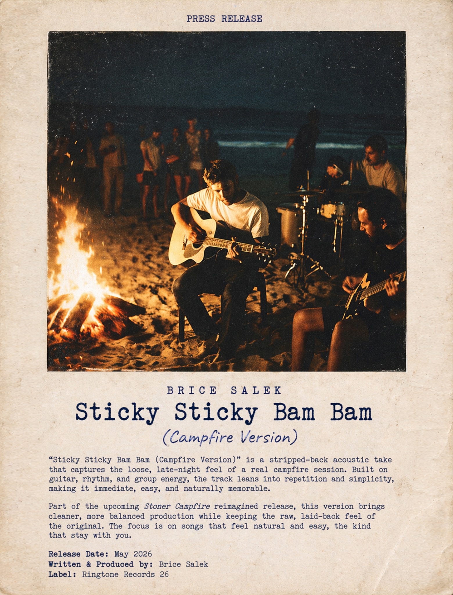 Original one-sheet for Sticky Sticky Bam Bam (Campfire Version) by Brice Salek, showing musicians playing beside a beach campfire and printed release notes.