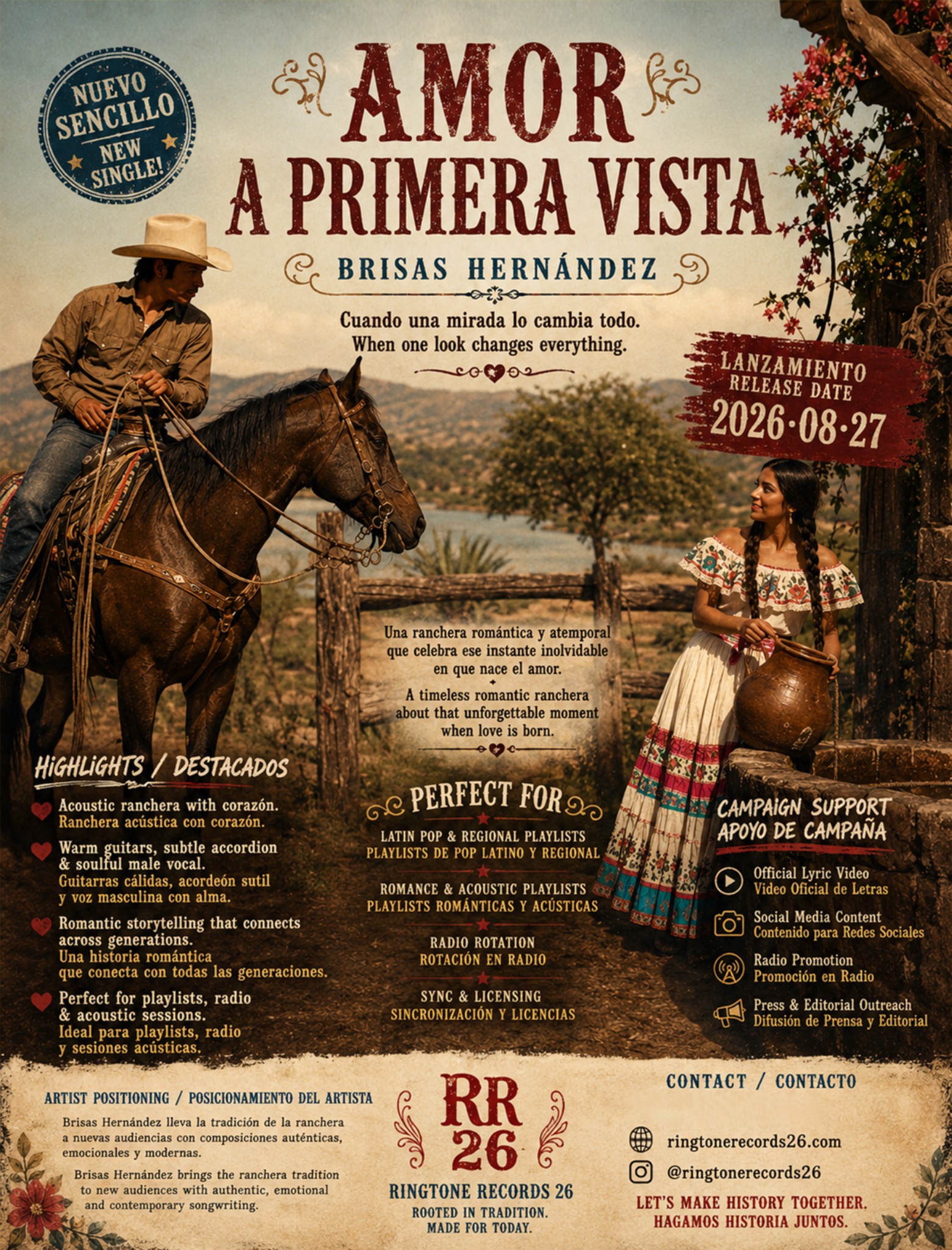 Official bilingual one-sheet for Brisas Hernández’s Amor a Primera Vista, showing a ranch couple, the August 27, 2026 release date and acoustic ranchera release information.