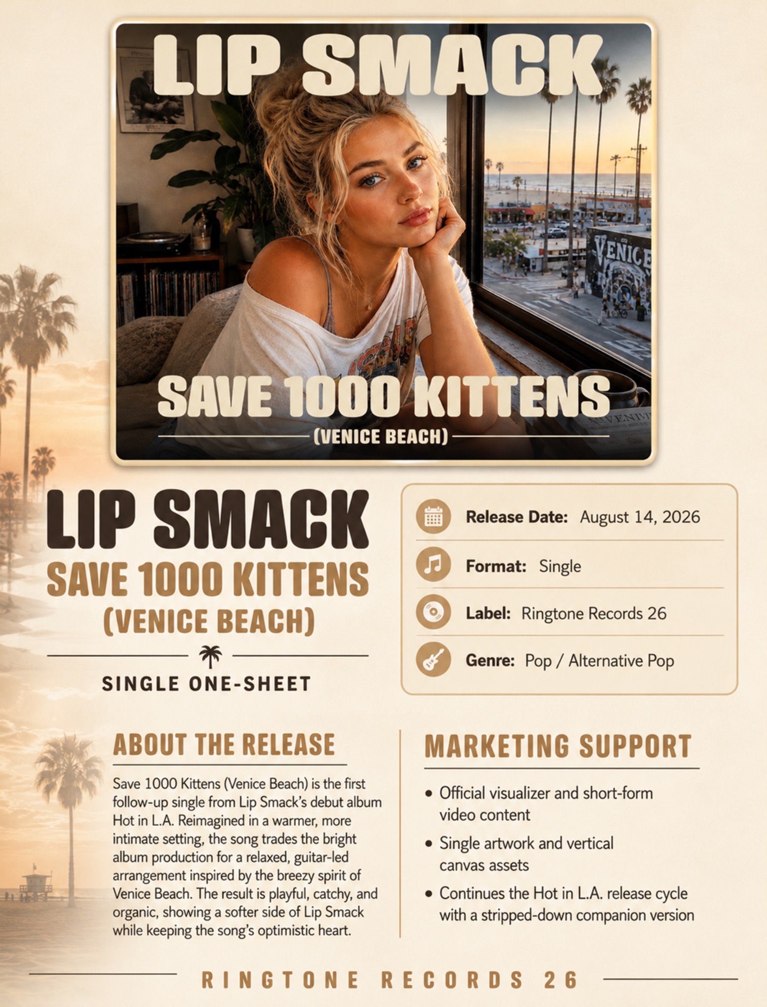 Lip Smack — Save 1000 Kittens (Venice Beach), official Ringtone Records 26 single one-sheet.