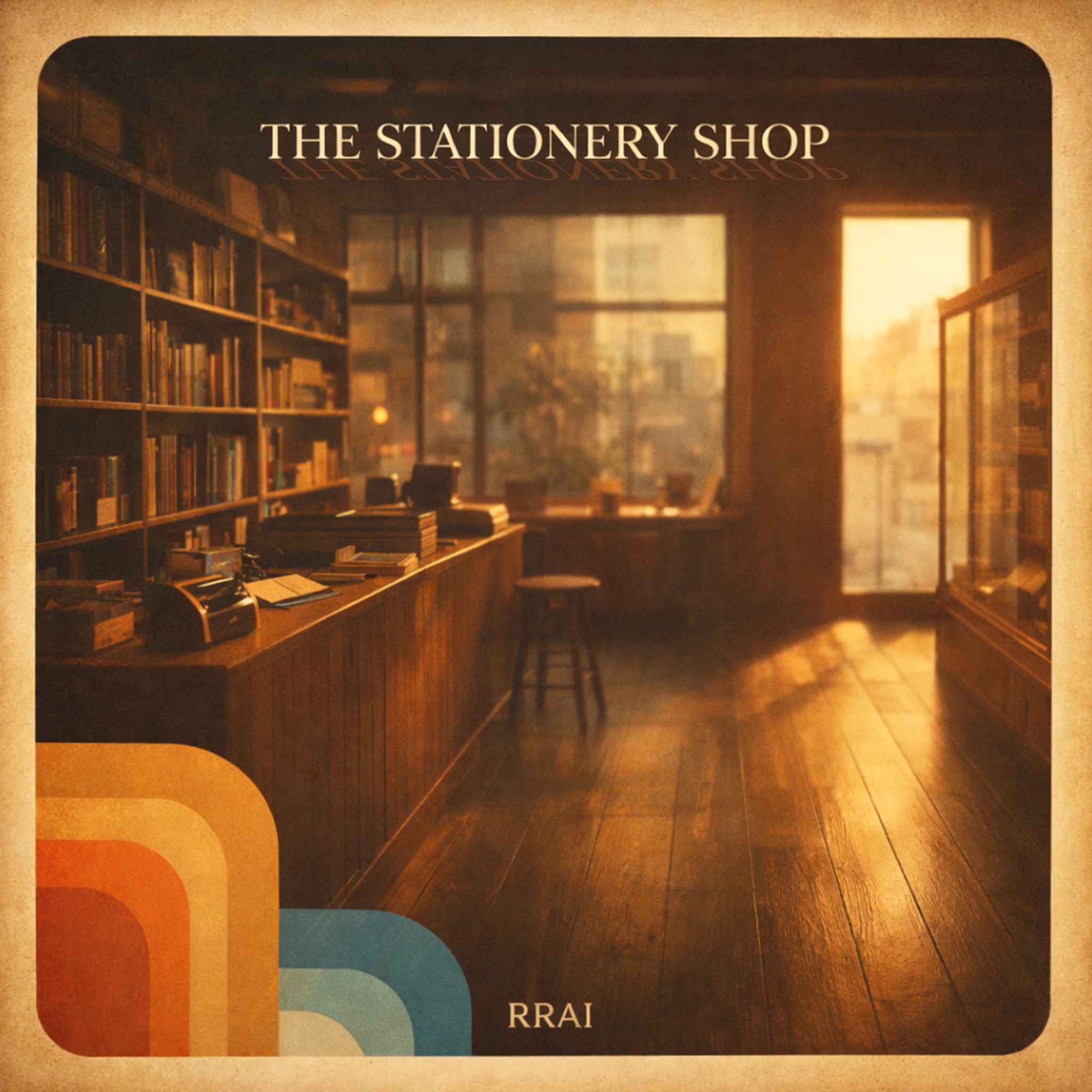 Vintage stationery shop interior artwork for RRAI’s The Stationery Shop, a minimal piano instrumental album for reading, focus and calm background listening.