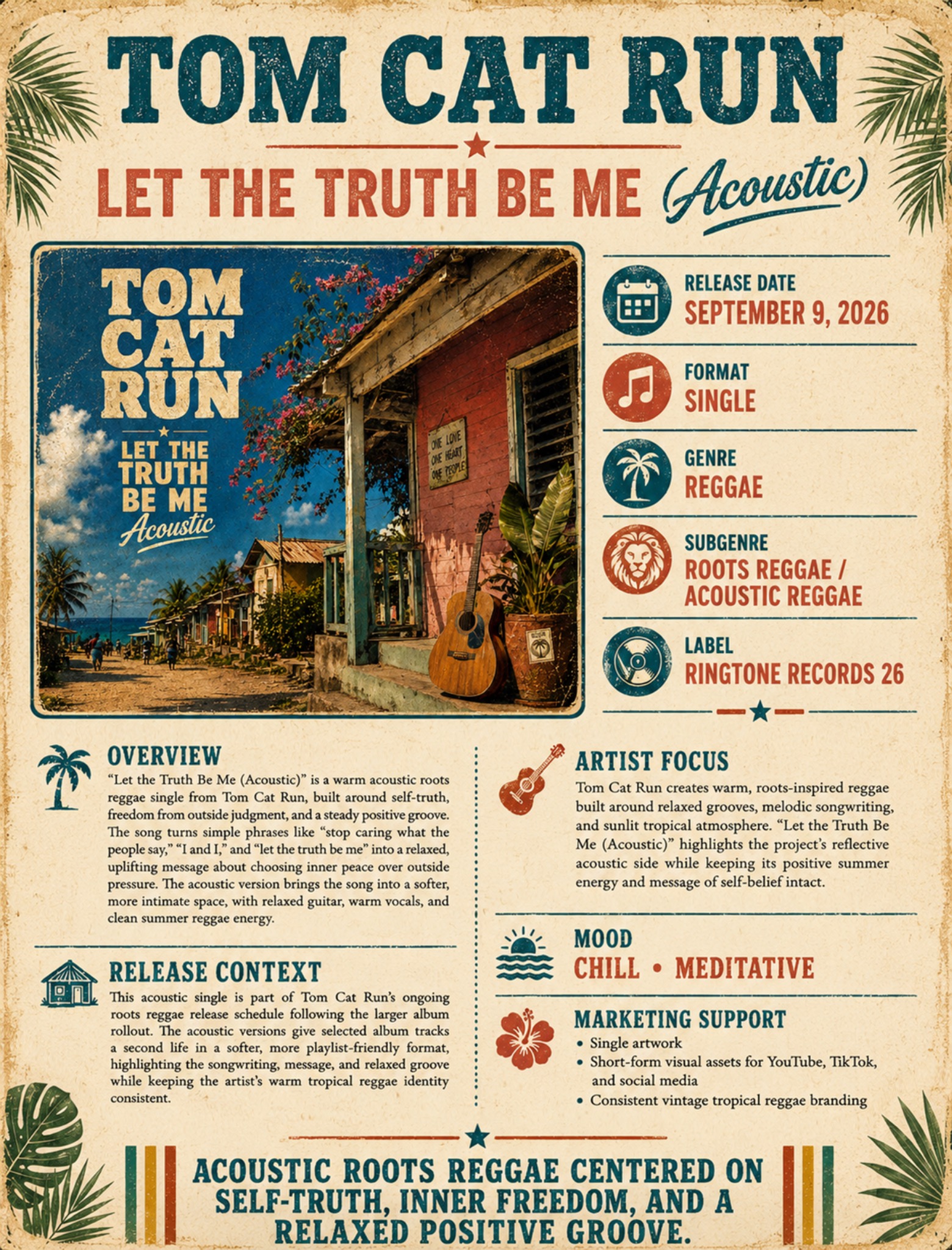 Tom Cat Run Let the Truth Be Me Acoustic roots reggae release one-sheet from Ringtone Records 26.