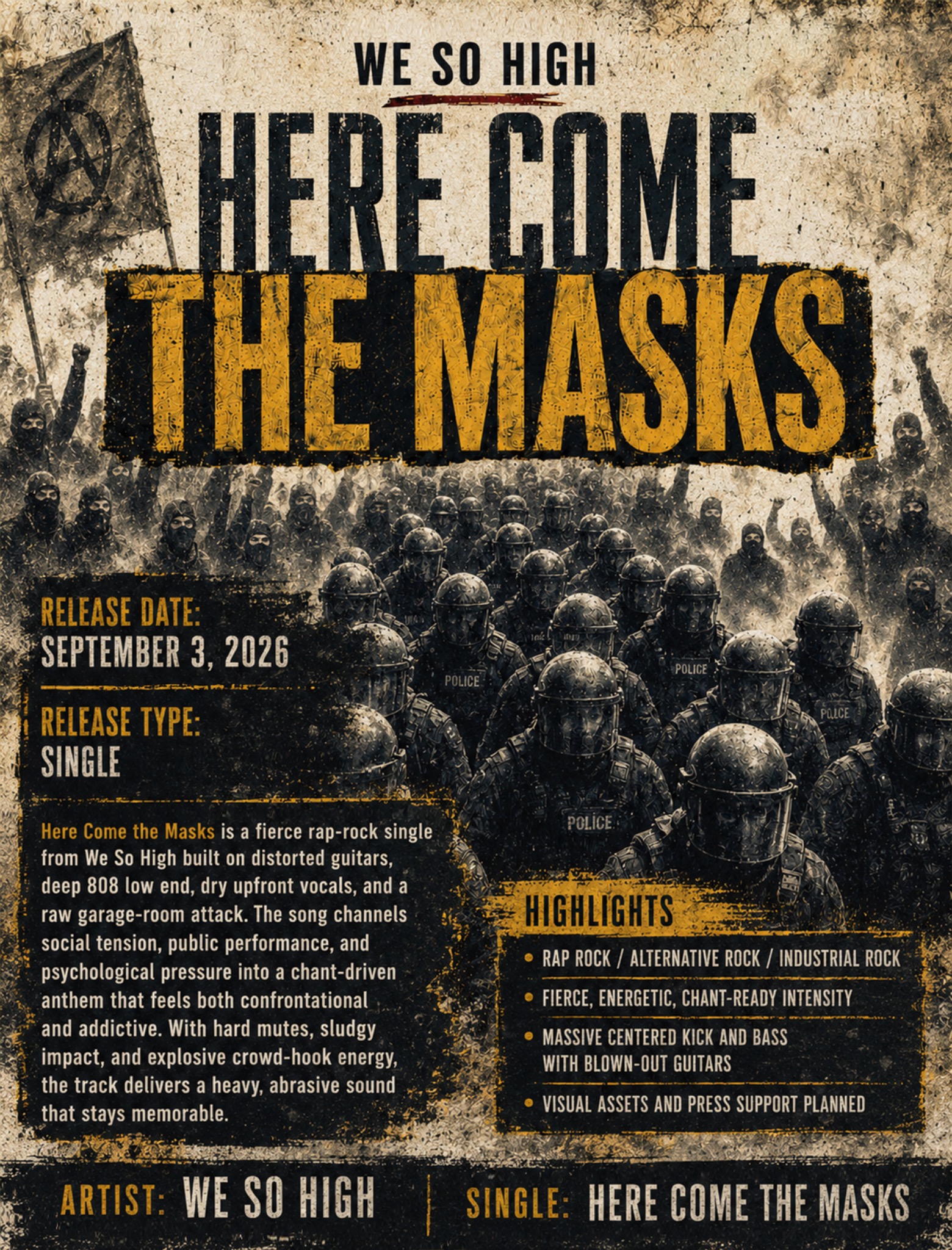 We So High — Here Come the Masks, heavy alternative rock written by songwriter Brice Salek for Ringtone Records 26; masked figures and September 3, 2026 release details.