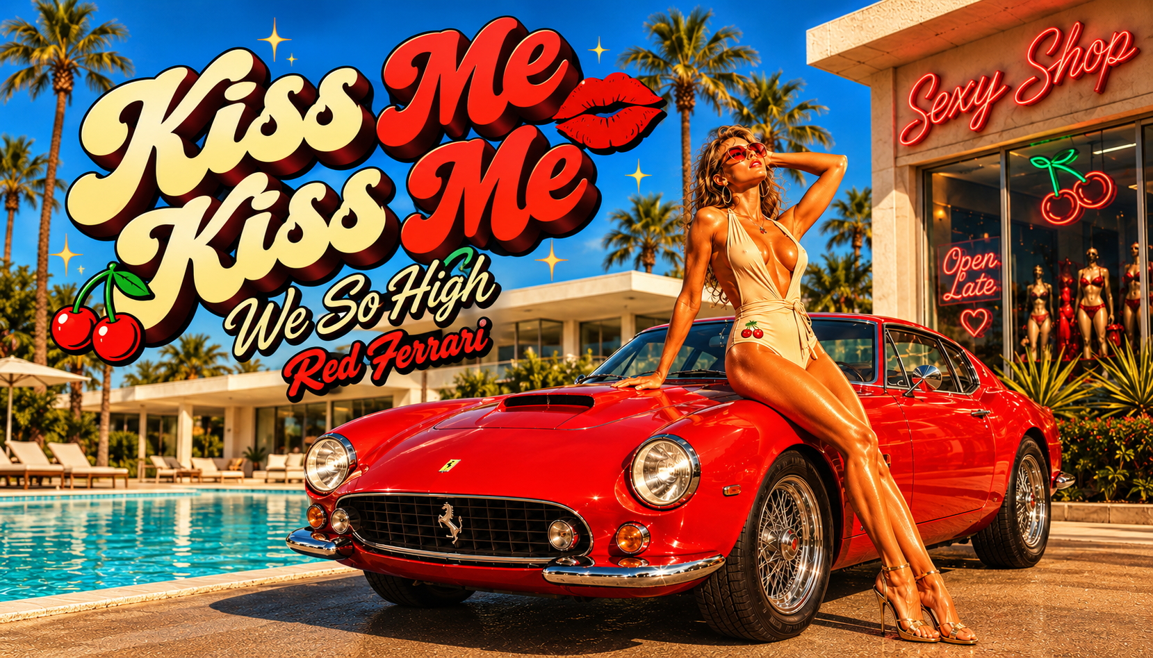 We So High Kiss Me Kiss Me Red Ferrari widescreen article image with a red Ferrari beside a pool and the Sexy Shop neon sign.